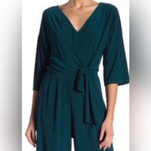 SuperFoxx Teal Faux Wrap pleated front stretch 3/4 sleeve jumpsuit